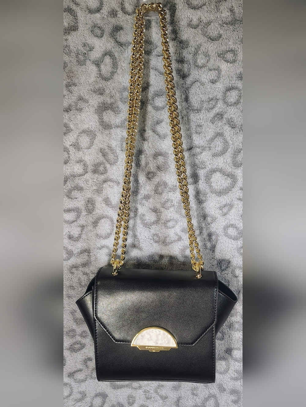 BCBGMaxAzria Black Leather Clutch with Gold and Pearl Accent